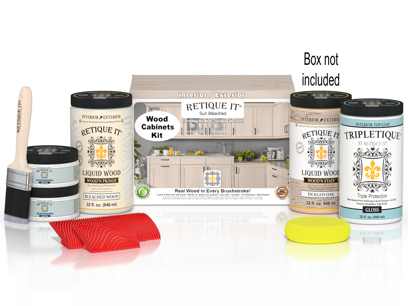 Sun bleached Wood'n Cabinet Kit with 12 grained doors from Retique It® Wood'n Finish Kits, shown with box and cabinet samples.