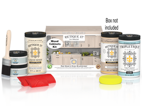 Sun bleached Wood'n Cabinet Kit with 12 grained doors from Retique It® Wood'n Finish Kits, shown with box and cabinet samples.