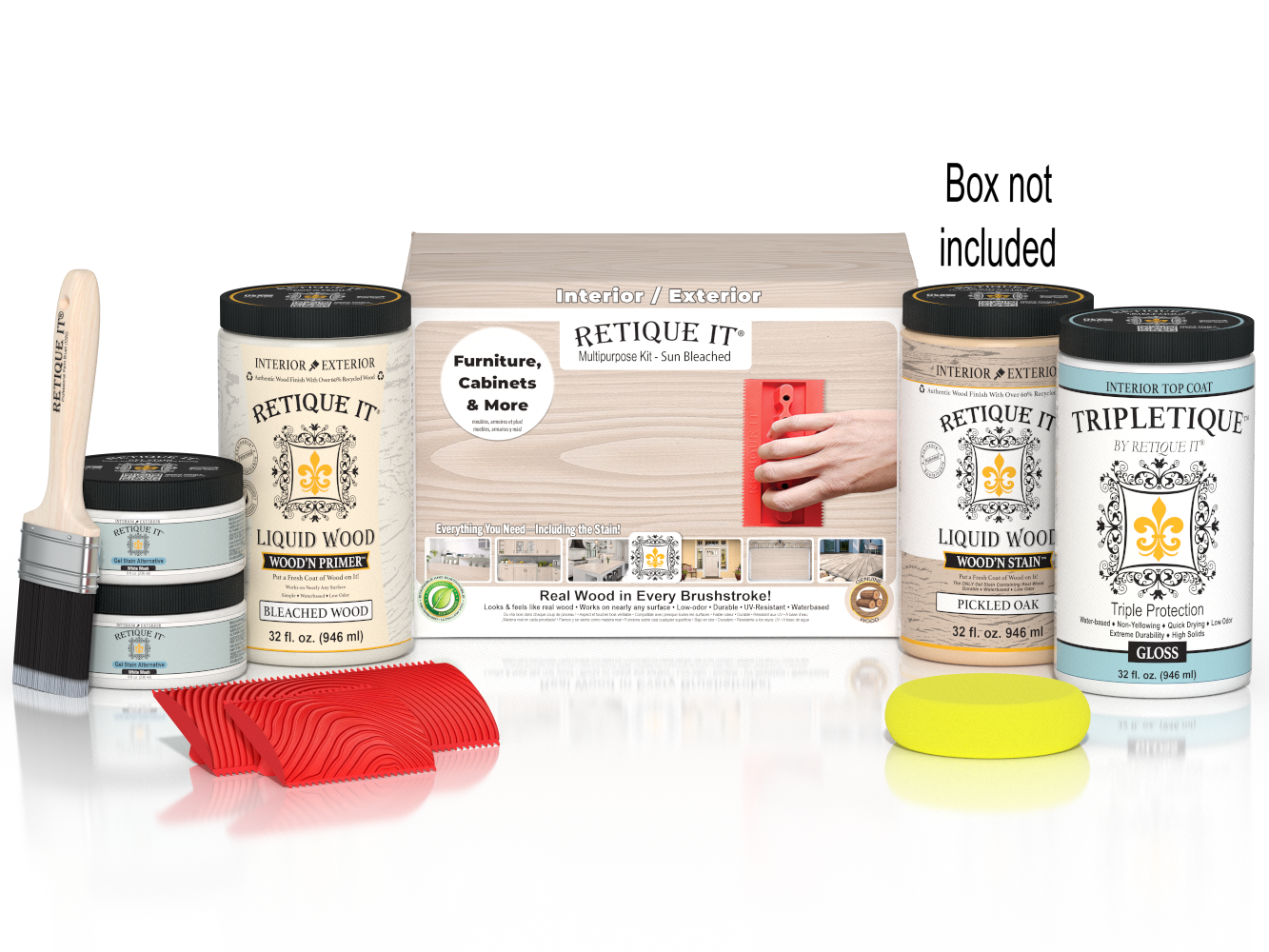 Retique It wood finish products including cans, a brush, and a box on a white background.