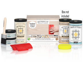 Retique It wood finish products including cans, a brush, and a box on a white background.