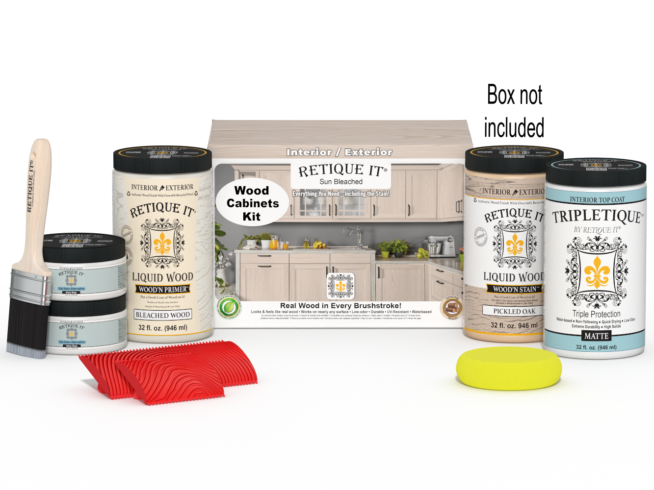 Sun-bleached Wood'n Cabinet Kit with 12 grained cabinet doors from Retique It® Wood'n Finish Kits, shown with box and hardware.