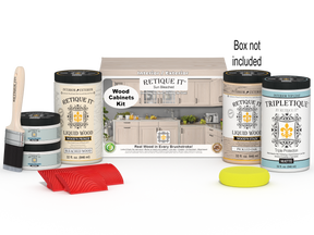 Sun-bleached Wood'n Cabinet Kit with 12 grained cabinet doors from Retique It® Wood'n Finish Kits, shown with box and hardware.