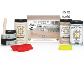 Retique It® Wood'n Finish Kit for tabletops, Sun Bleached color, includes four large finish bottles and application tools.
