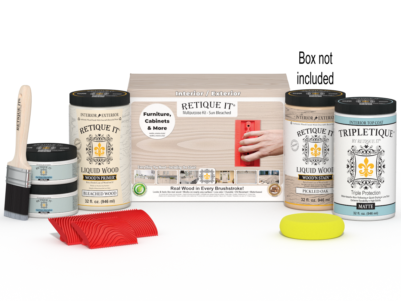 Retique It wood finish product set with packaging on a white background