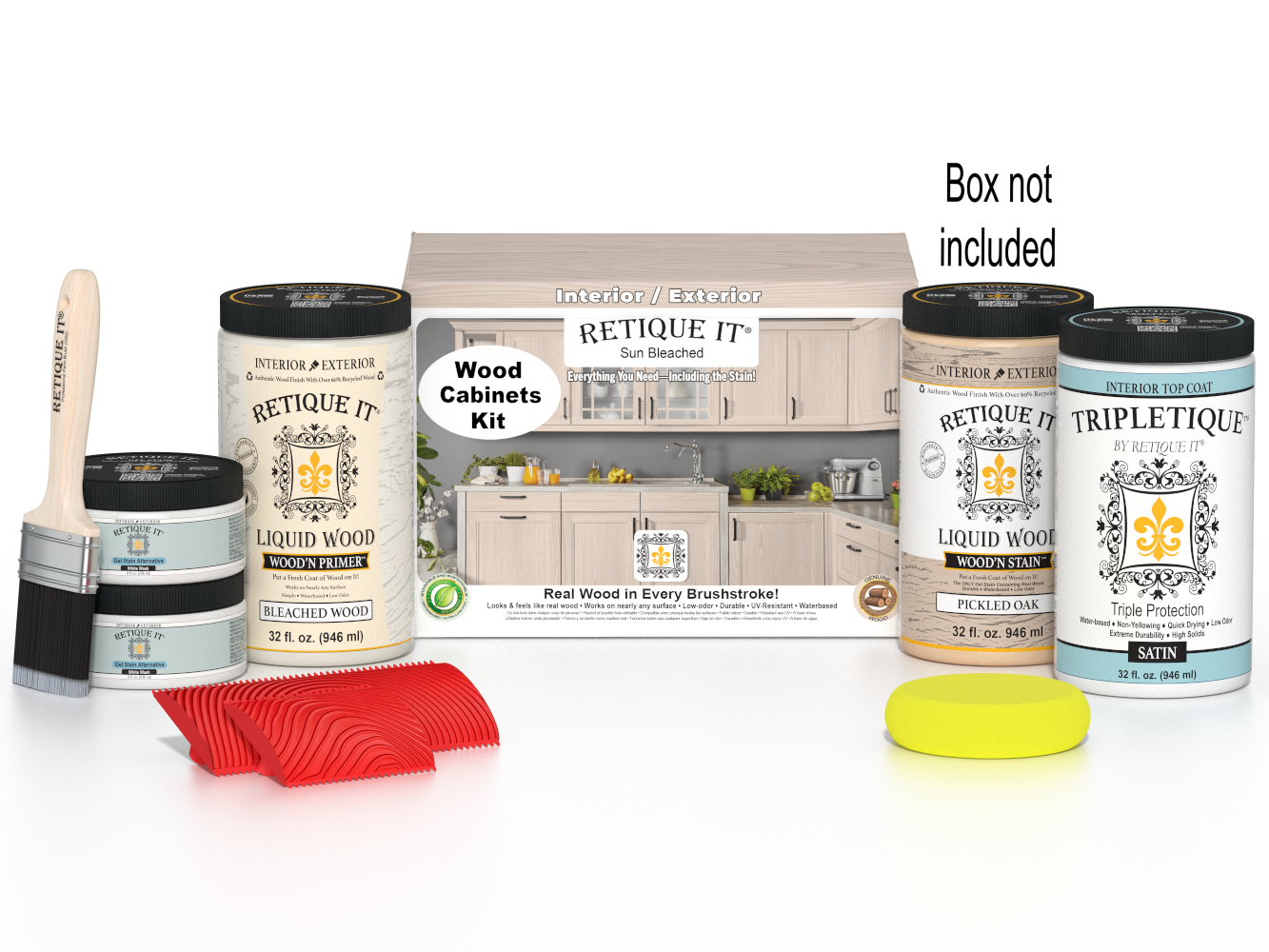 Sun-bleached Wood'n Cabinet Kit with 12 grained cabinet doors from Retique It® Wood'n Finish Kits, shown with tools and packaging.