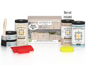 Sun-bleached Wood'n Cabinet Kit with 12 grained cabinet doors from Retique It® Wood'n Finish Kits, shown with tools and packaging.