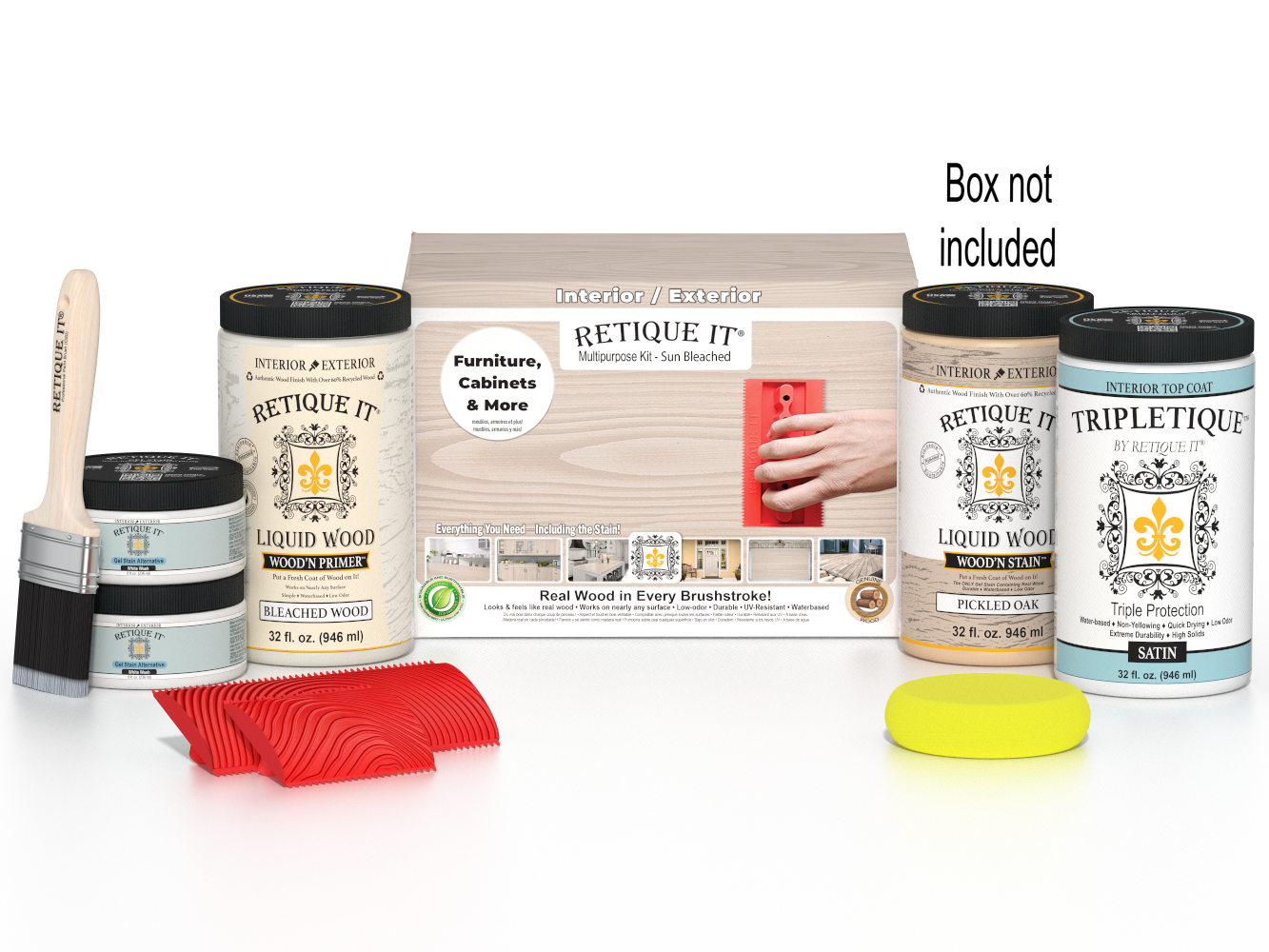 Retique It wood finish product set with paint cans, brush, and packaging on a white background