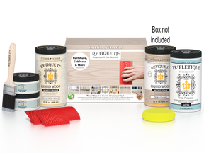 Retique It wood finish product set with paint cans, brush, and packaging on a white background