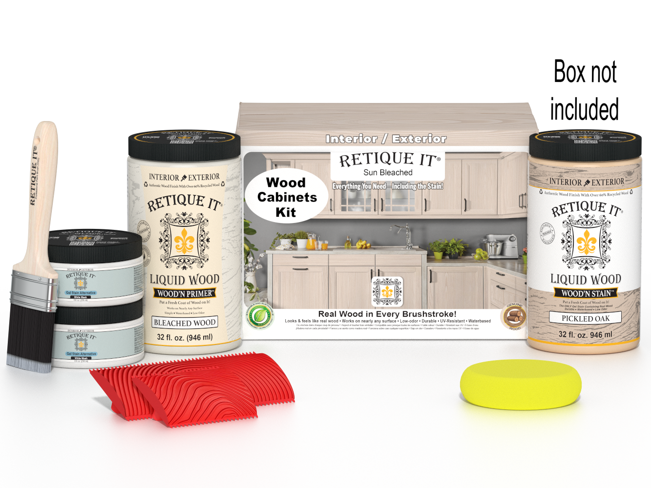 Retique It® Wood'n Cabinet Kit with 12 sun-bleached grained cabinet doors and finishing supplies, designed for woodworking projects.