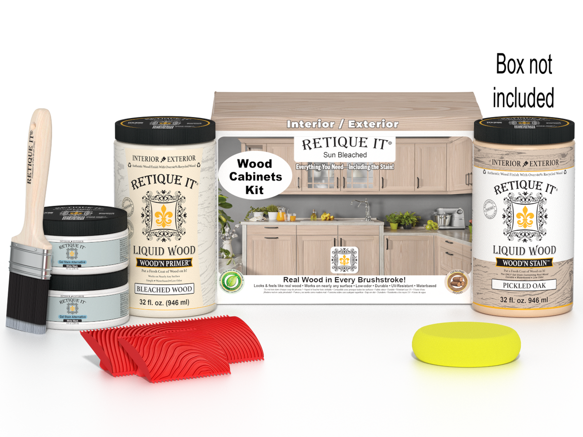 Sun-bleached Wood'n Cabinet Kit by Retique It® with 12 grained cabinet doors and finishing supplies, shown with packaging.