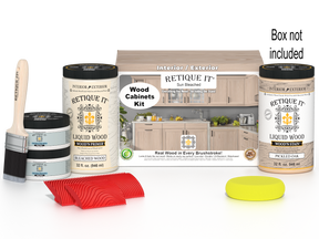 Sun-bleached Wood'n Cabinet Kit by Retique It® with 12 grained cabinet doors and finishing supplies, shown with packaging.