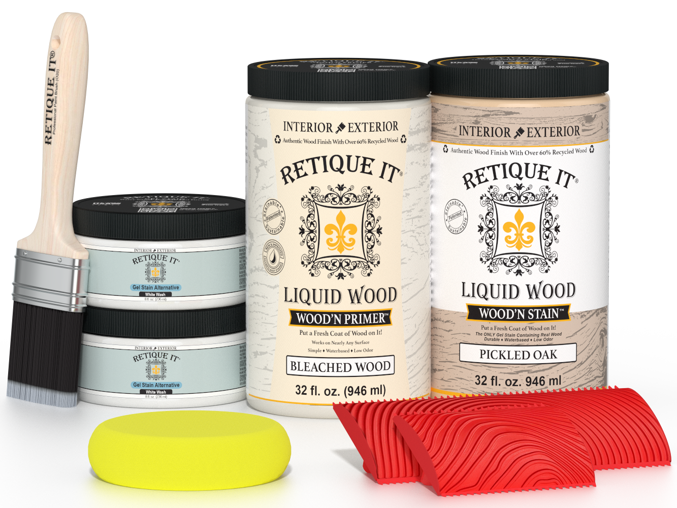 Large Sun Bleached Wood'n Finish Kit by Retique It® for multi-purpose wood finishing, includes brushes and stain components.