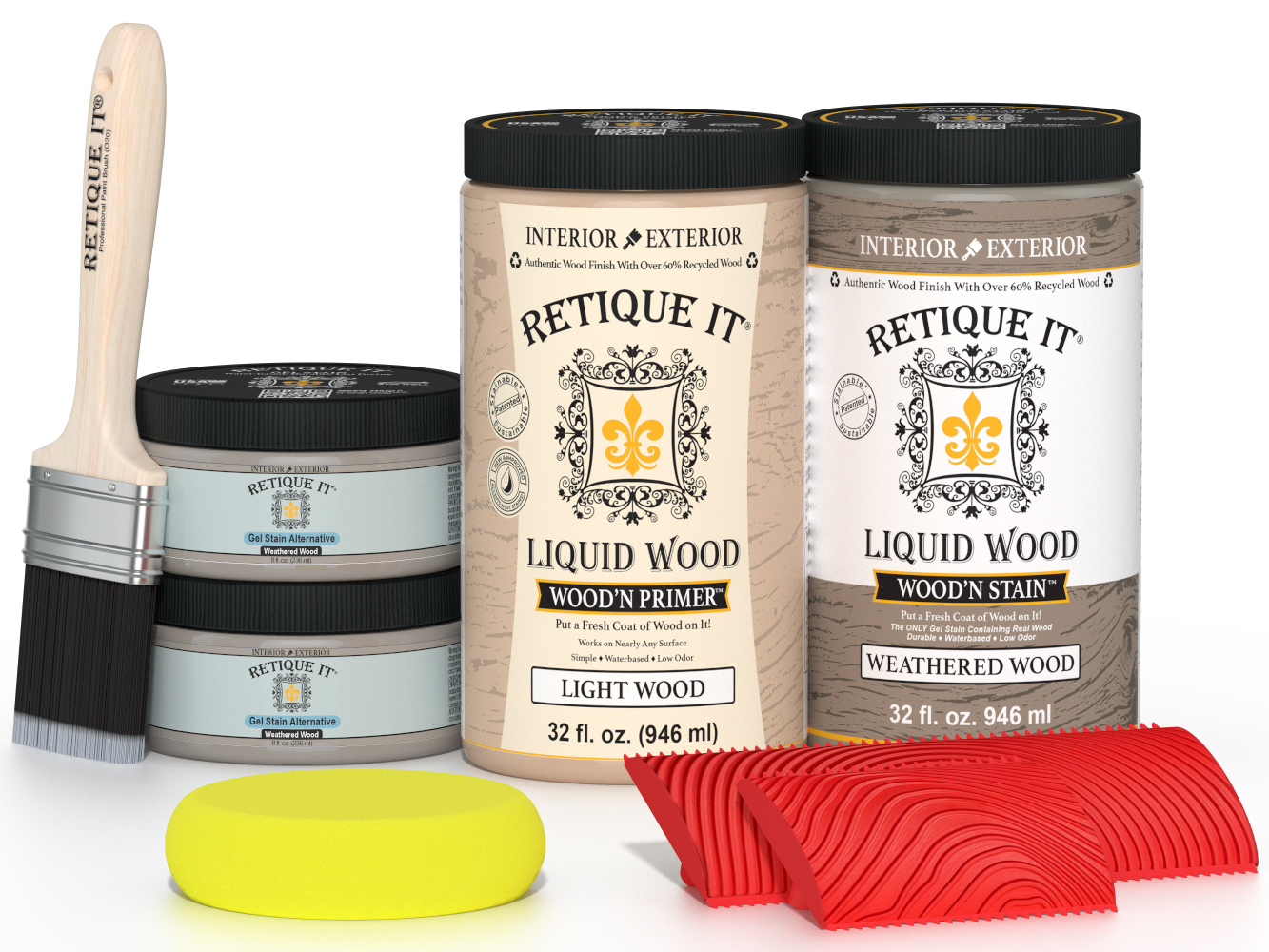 Weathered wood stain kit for cabinets, featuring 12 door panels with a grained, weathered wood finish by Retique It®.