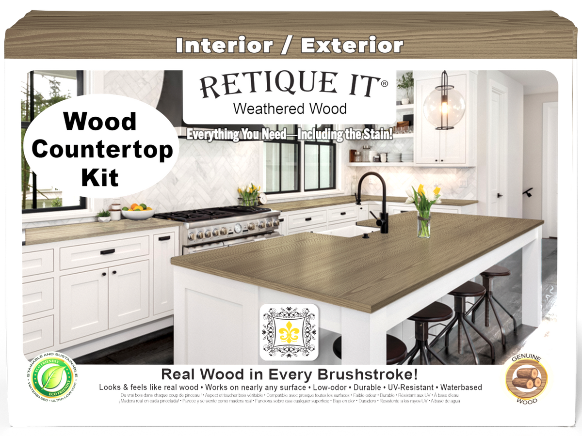 Weathered wood finish countertop kit from Retique It® for full kitchen countertops, showing stained weathered wood surface.