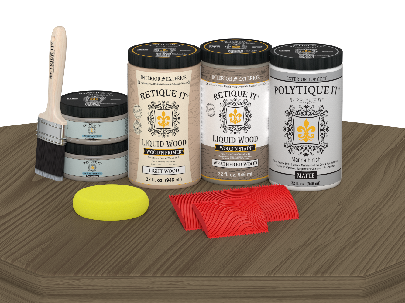 Retique It® Wood'n Finish front door kit in Weathered Wood stain, double door with matte finish on a table.