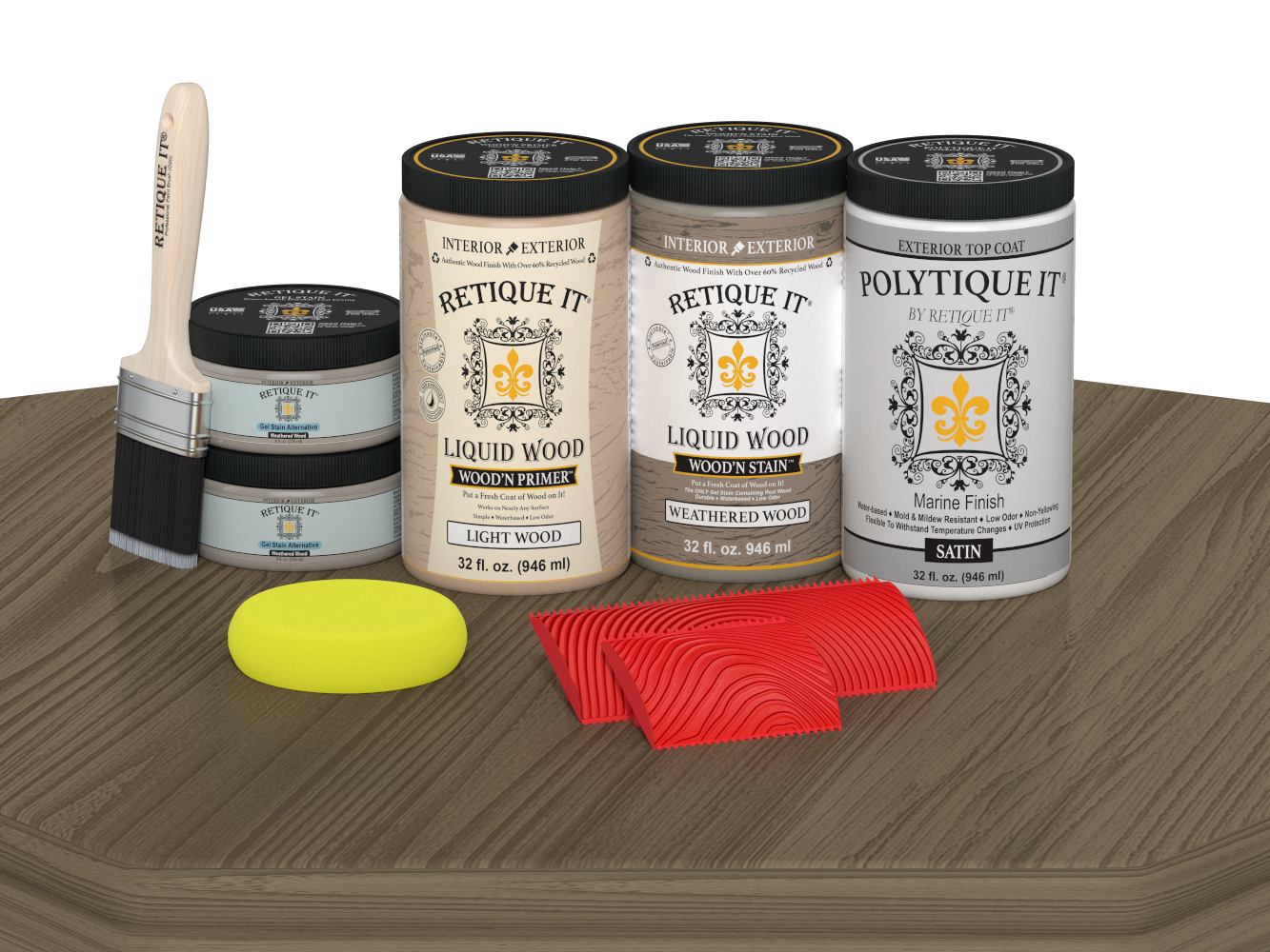 Retique It® Wood'n Finish double front door kit in weathered wood stain with satin finish, displayed on a table.