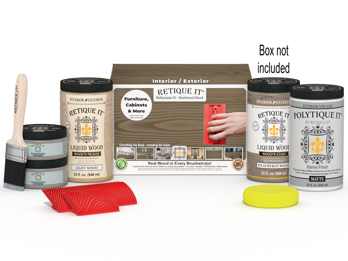 Large Weathered Wood Nutri-Teak Wood'n Finish Kit with exterior top coat by Retique It®, shown with tools and product packaging.
