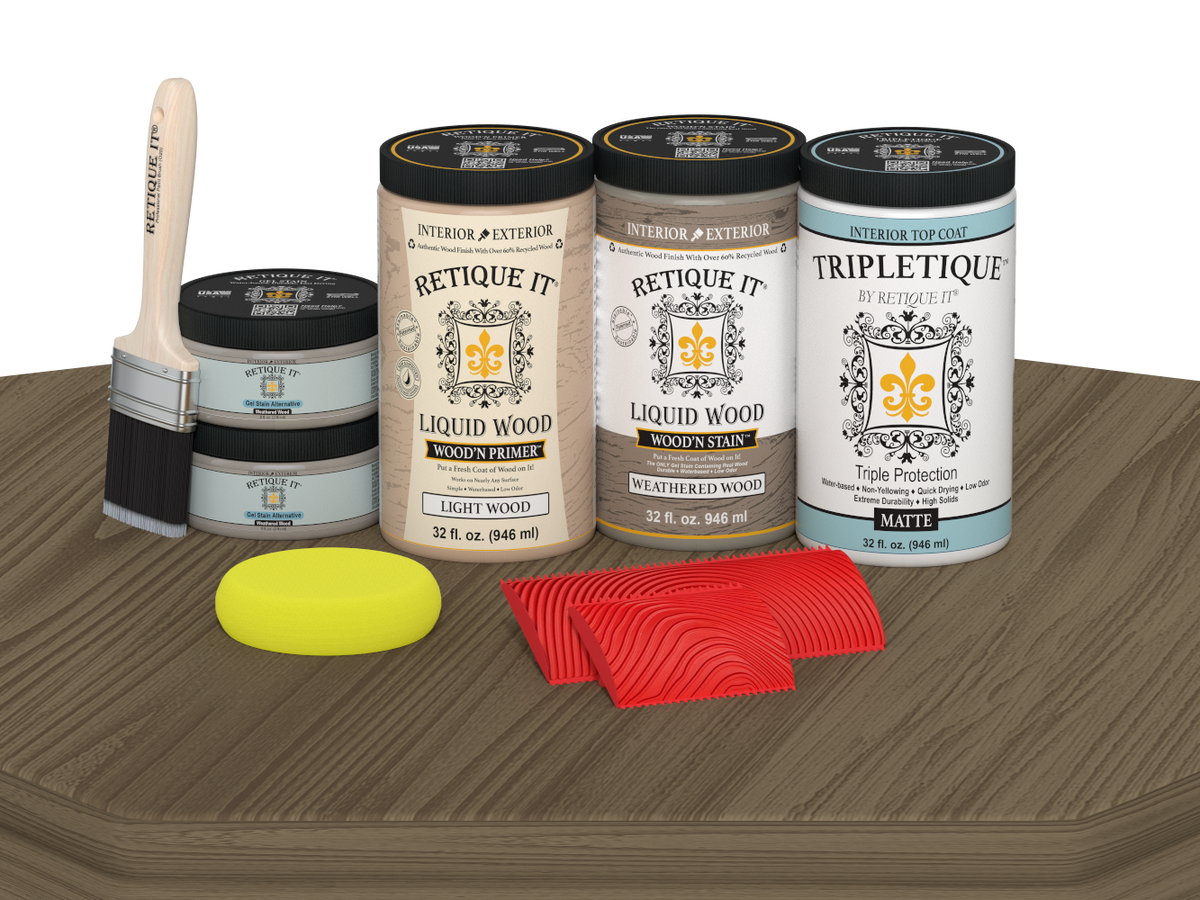Retique It® weathered wood countertop kit stain on a kitchen surface with matte finish, showcasing a rustic, weathered wood look.