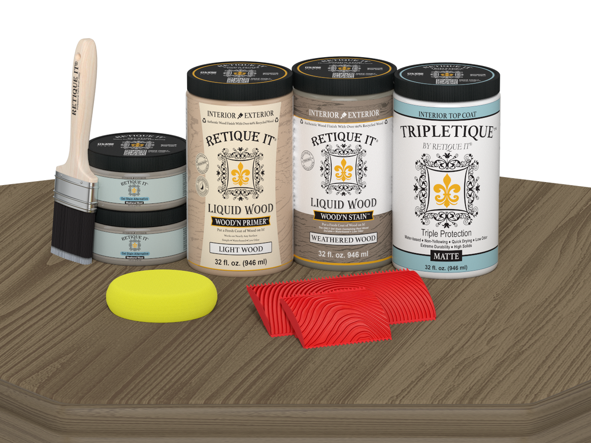 Retique It® weathered wood stain kit for full kitchen countertops, featuring matte finish and natural weathered wood appearance.