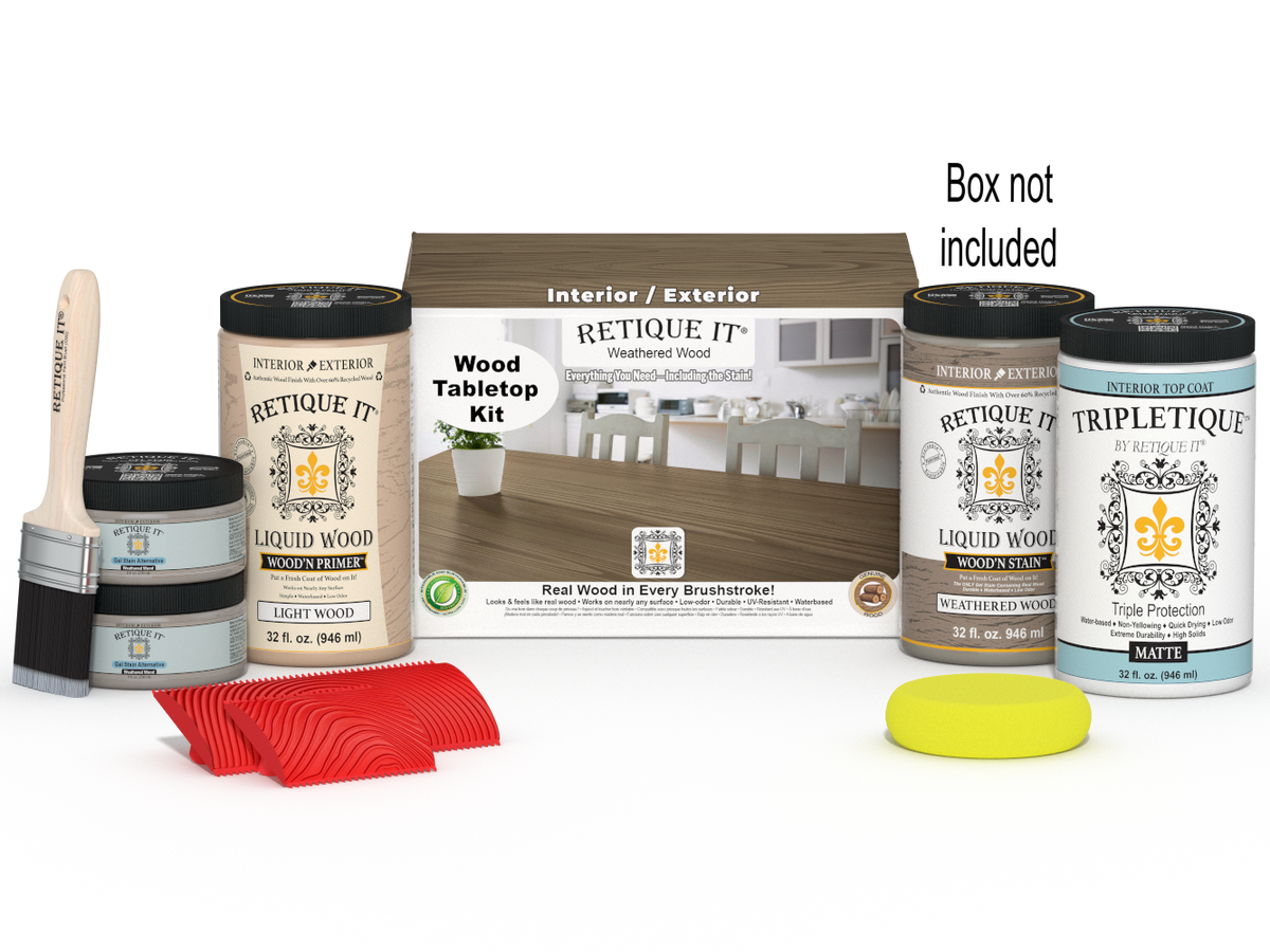 Retique It® Wood'n Finish Kit with four large weathered wood stains for tabletop furniture restoration.