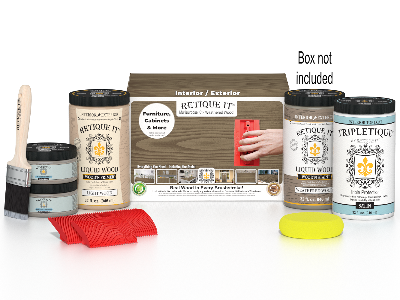 Large Weathered Wood Wood'n Finish Kit by Retique It® with interior top coat and tools for multi-purpose wood finishing.
