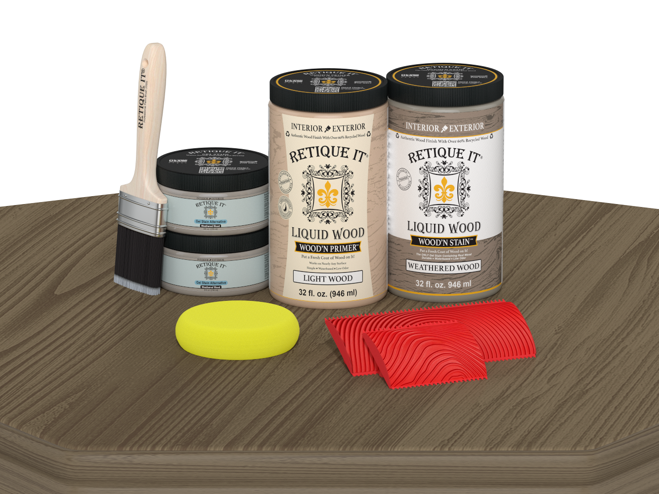 Retique It® Wood'n Finish front door kit in weathered wood stain, double door with detailed wood grain and hardware on a table.