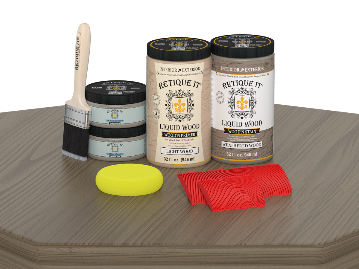 Retique It liquid wood finish products on a wooden surface with a brush, sponge, and Graining Tool.