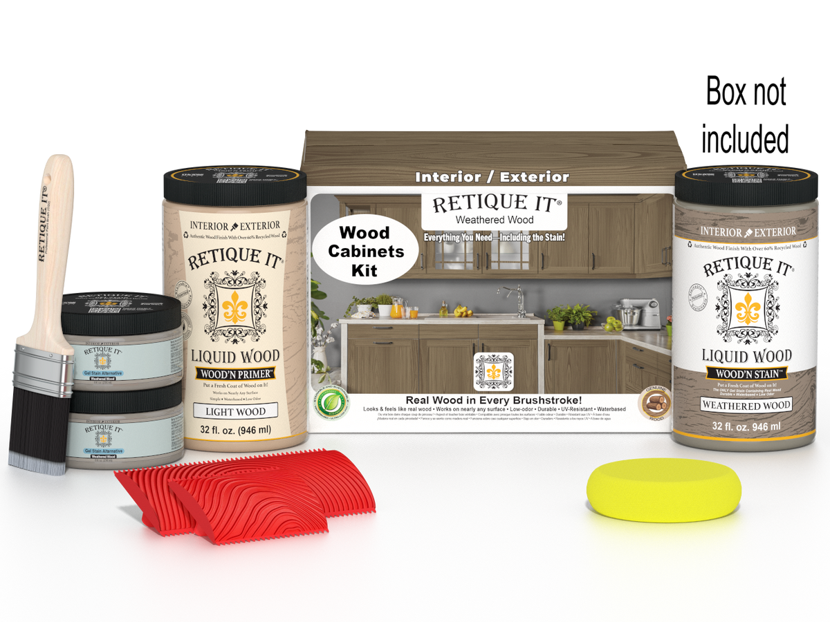 Retique It® Weathered Wood cabinet with paint Jars, a brush, and a Graining Tool on a white background