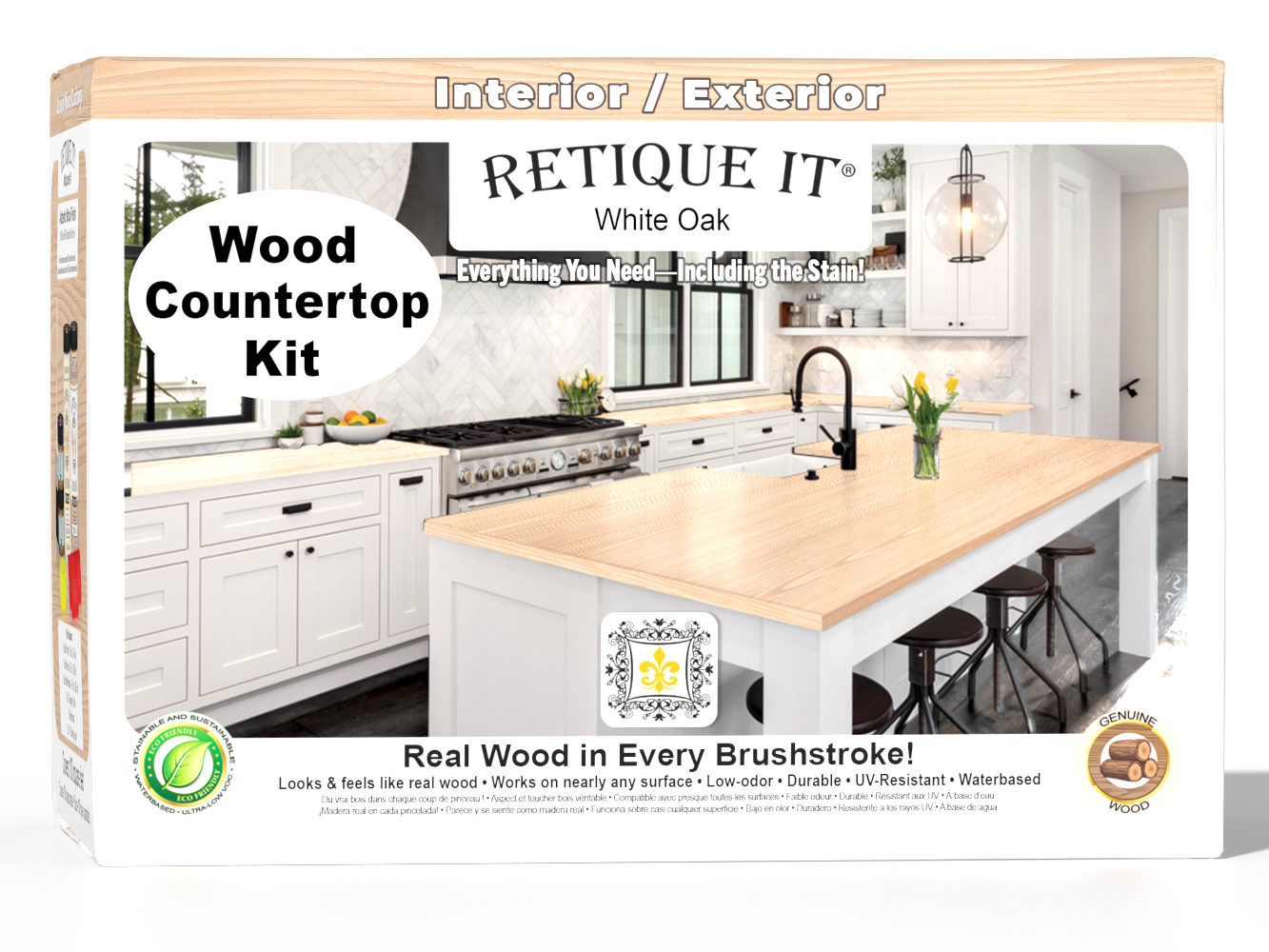 Retique It® White Oak countertop kit with stains, showing a 3D view of the full kitchen countertop in white oak finish.