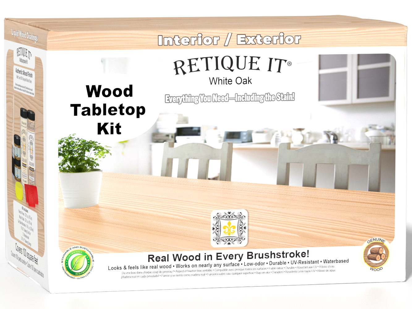 Retique It® Wood'n Finish Kit with four large white oak wood stains for tabletops, featuring a sleek, natural wood grain appearance.