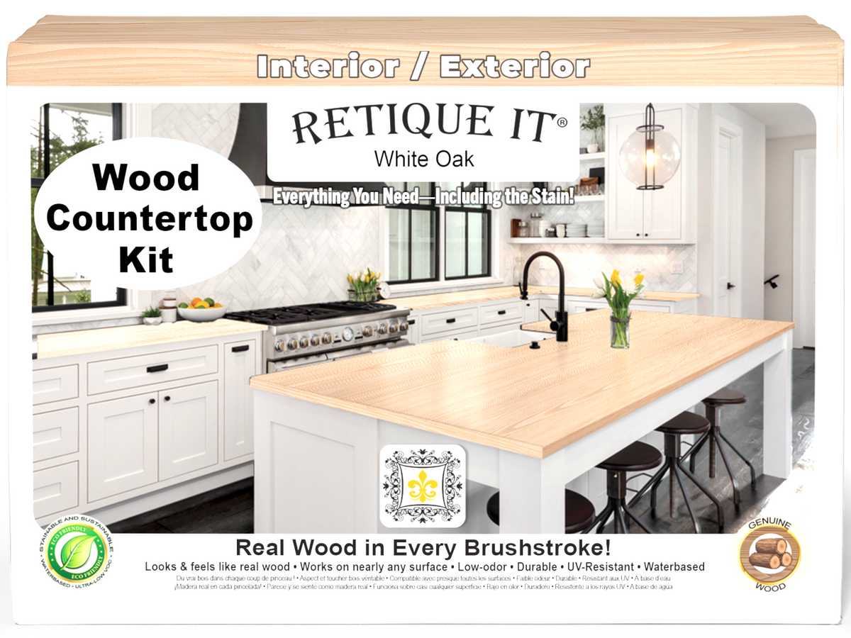 Retique It® white oak countertop kit with stain, featuring a natural wood finish and detailed front view of the full kitchen setup.