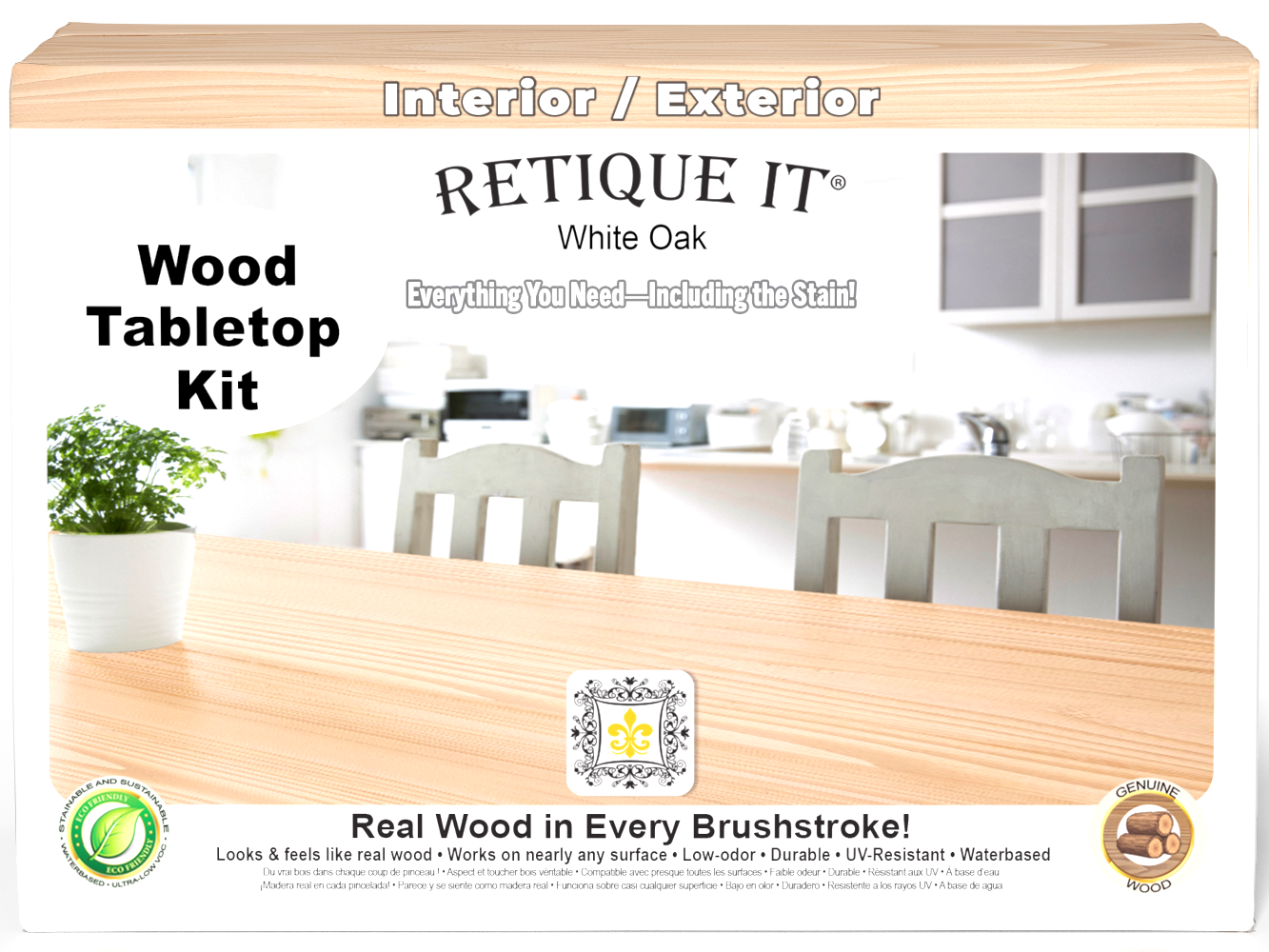 Retique It® Wood'n Finish Kit in White Oak stain, featuring four large containers for tabletop wood finishing.