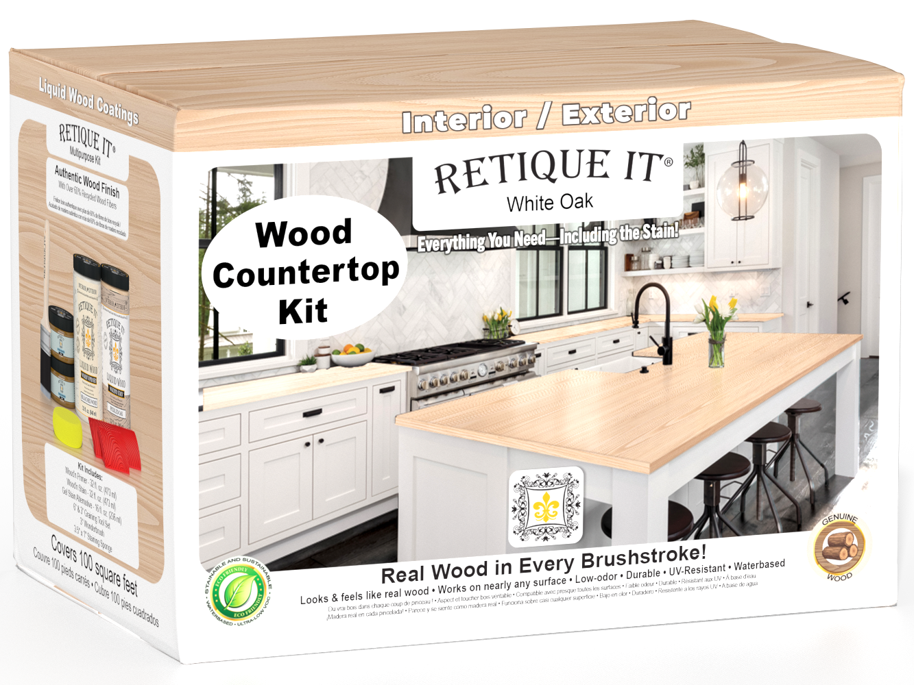 Retique It® white oak countertop kit with stain, showcasing a full kitchen setup with a polished wood surface.