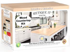 Retique It® white oak countertop kit with stain, showcasing a full kitchen setup with a polished wood surface.