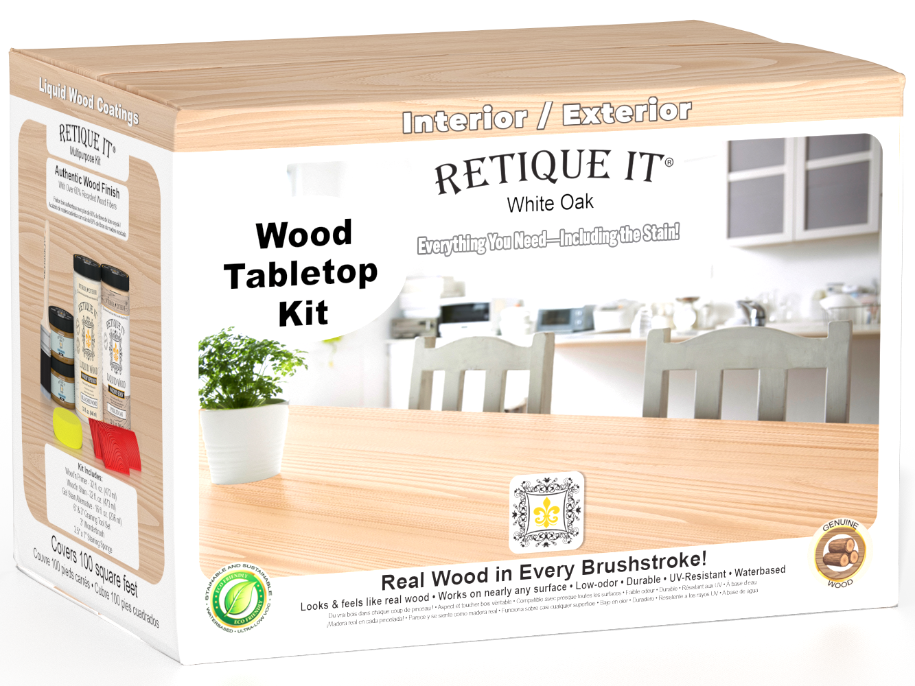 Retique It® Wood'n Finish Kit with four large white oak stain bottles for tabletop wood finishing and restoration.