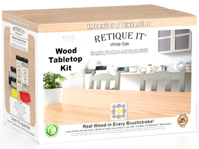 Retique It® Wood'n Finish Kit with four large white oak stain bottles for tabletop wood finishing and restoration.