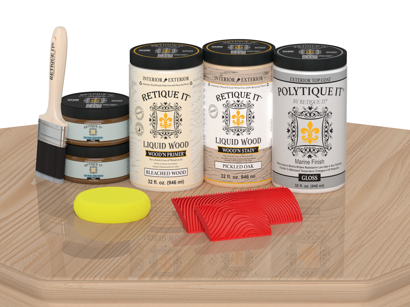Retique It® Wood'n Finish double front door kit in White Oak stain with glossy finish, displayed on a table.