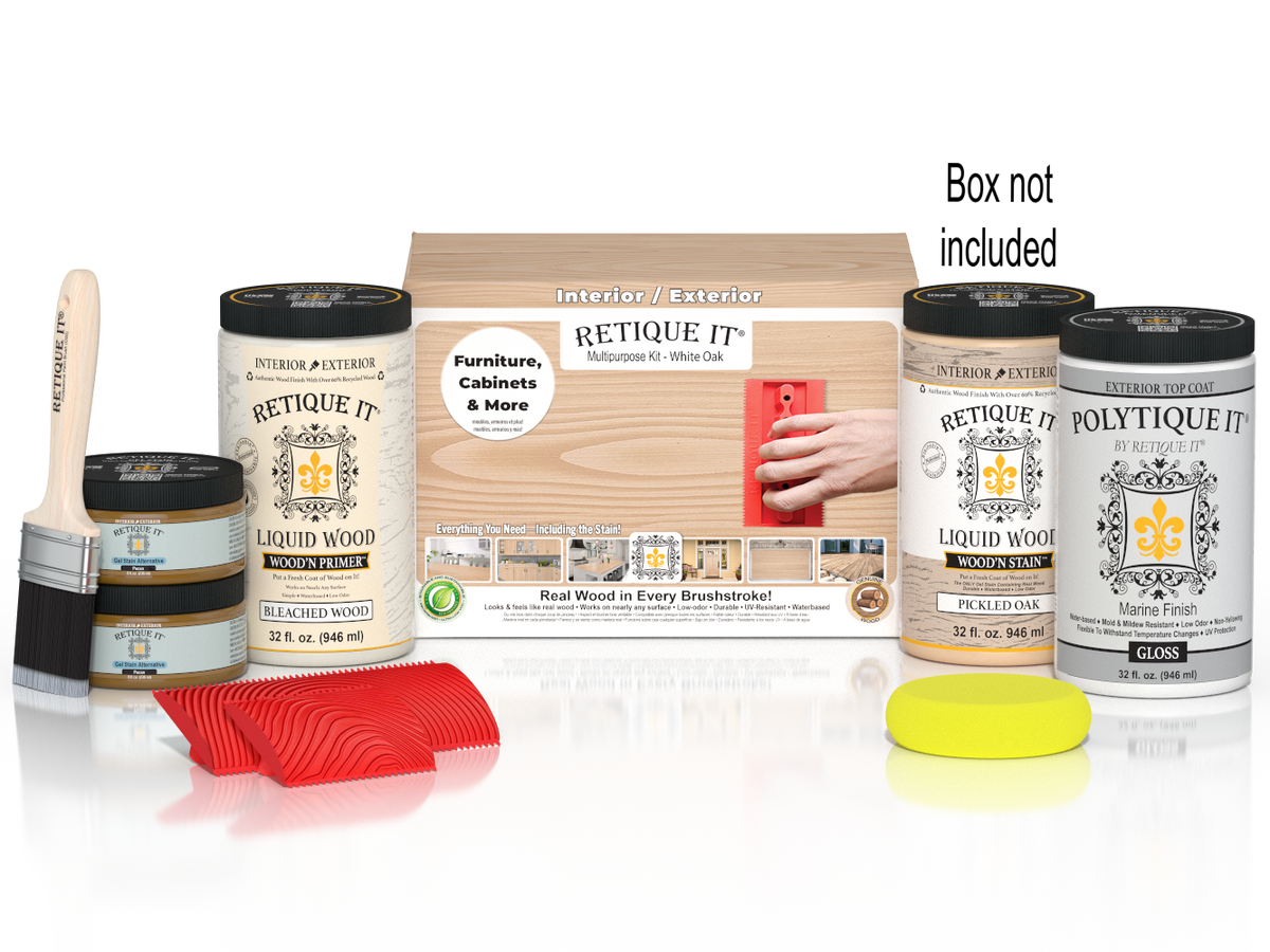 Retique It Wood'n Finish Kit in Walnut, featuring wood stain and finishing tools, displayed in a box for easy application.