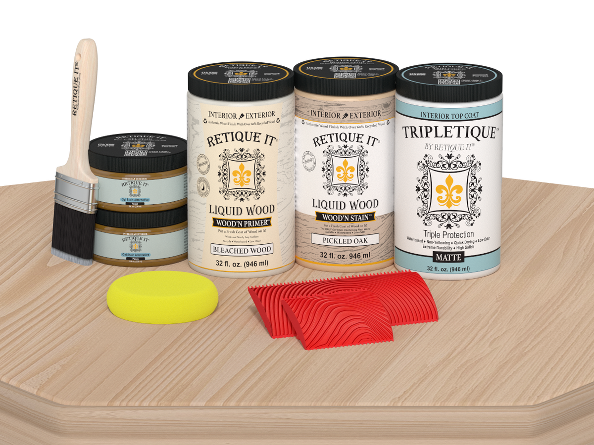 Large White Oak Wood'n Finish Kit by Retique It for interior top coat application, showing wood finish and kit components.