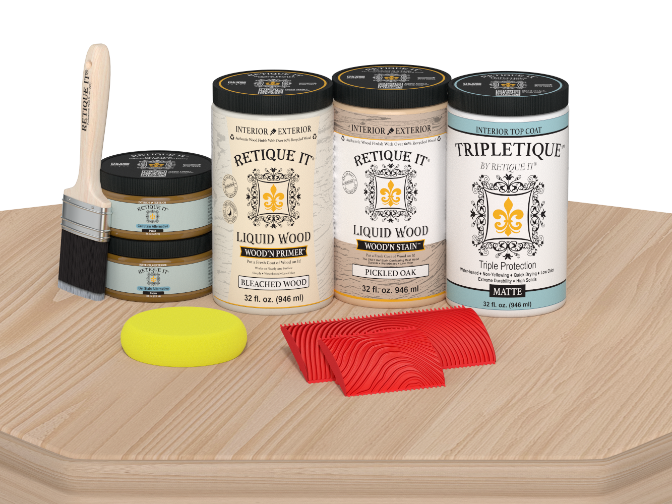 Large White Oak Wood'n Finish Kit by Retique It® for interior top coat application, showing wood finish and kit components.