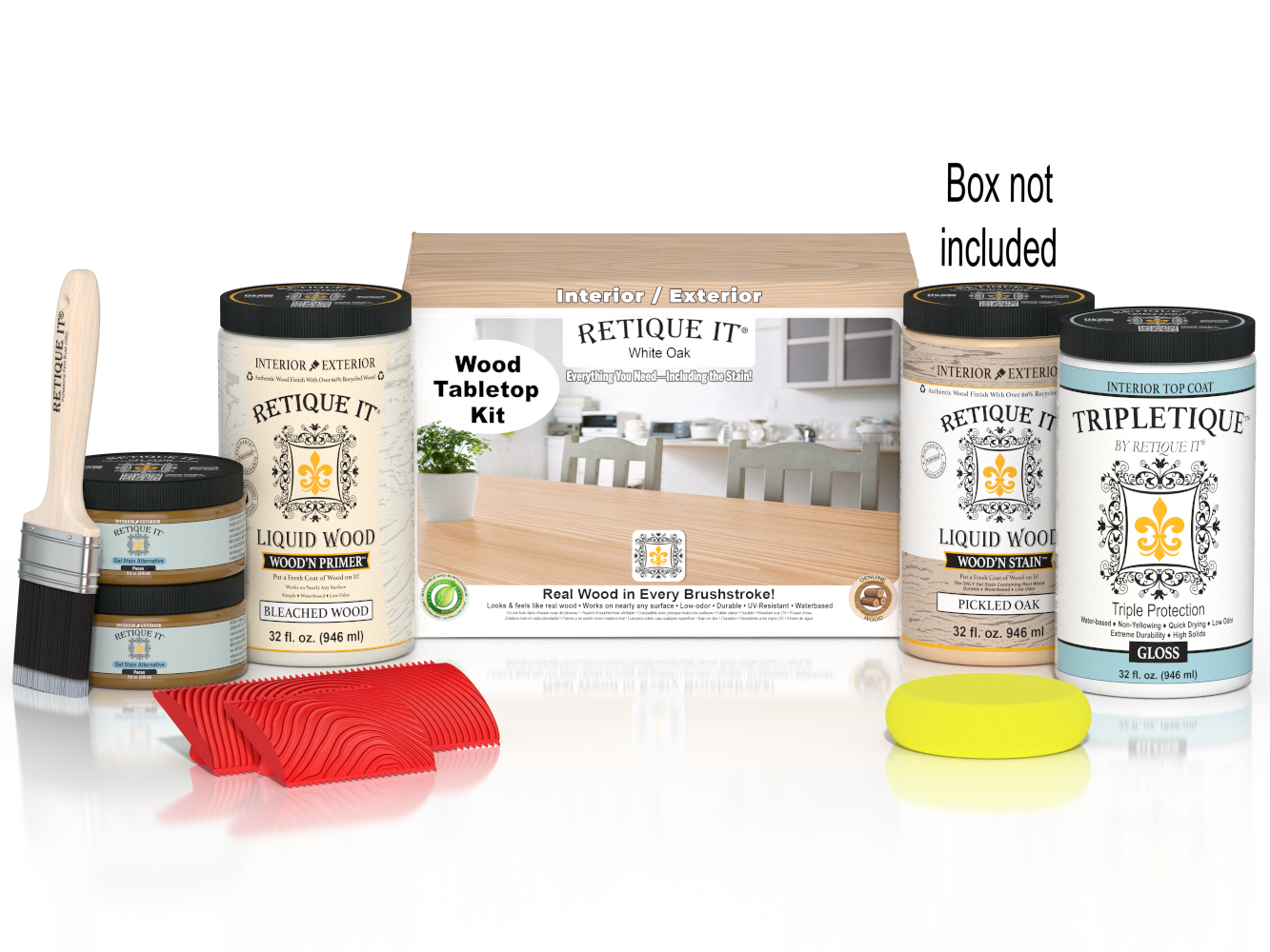 Retique It® Wood'n Finish Kit for tabletops, includes four large white oak stains in a box with application tools.