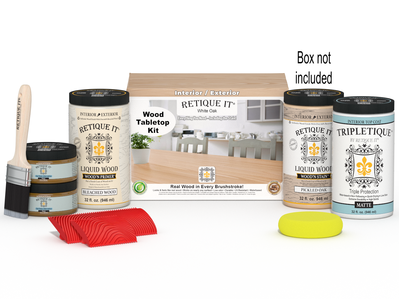 Retique It® Wood'n Finish Kit with four large white oak stain bottles and applicator box for tabletop wood finishing.