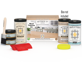 Retique It® Wood'n Finish Kit with four large white oak stain bottles and applicator box for tabletop wood finishing.
