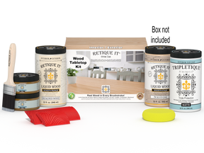 Retique It® Wood'n Finish Kit with four large white oak stain bottles and applicator box for tabletop wood finishing.