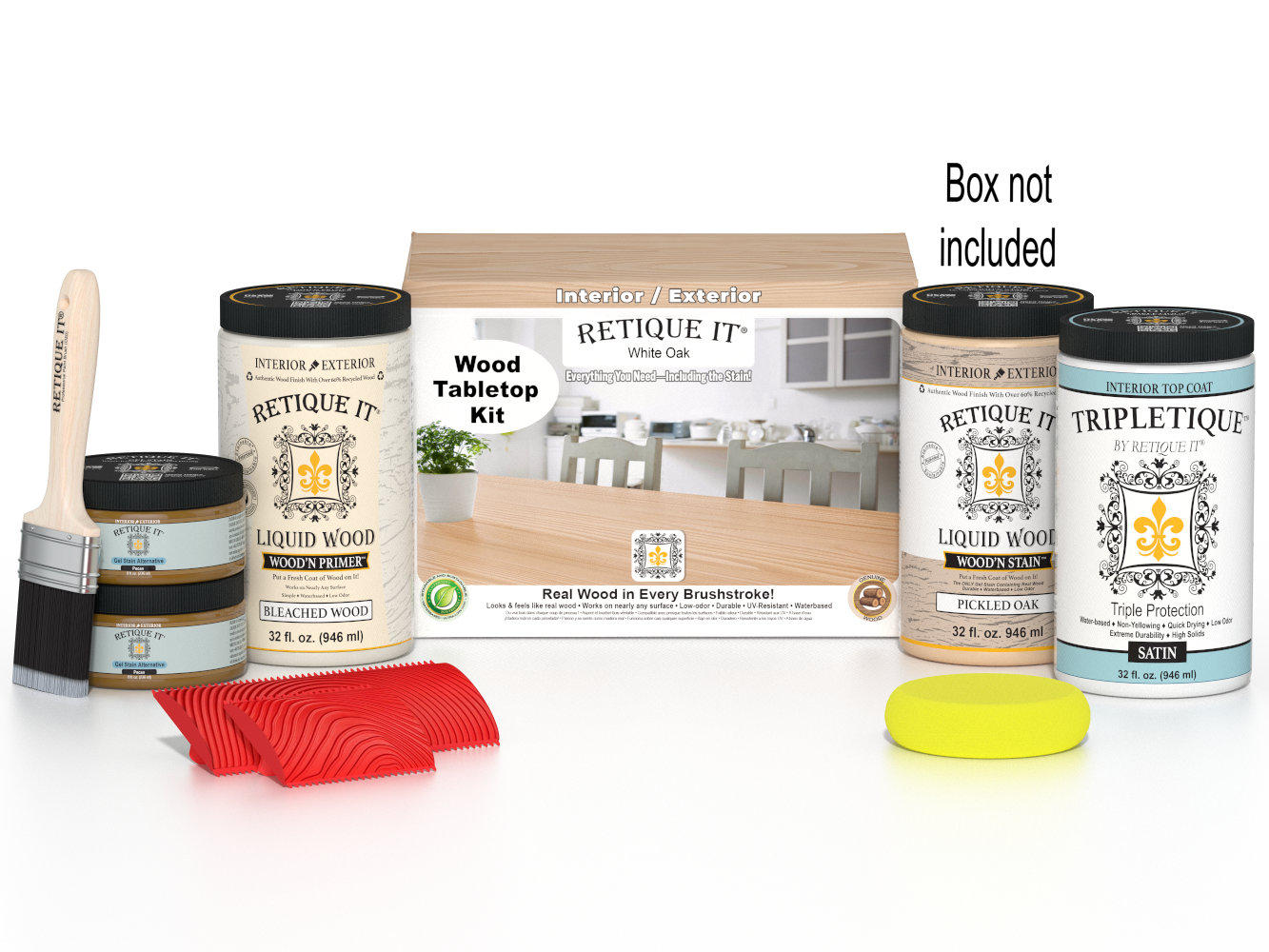 Retique It® Wood'n Finish Kit for tabletops includes four large white oak stain bottles with applicator boxes.
