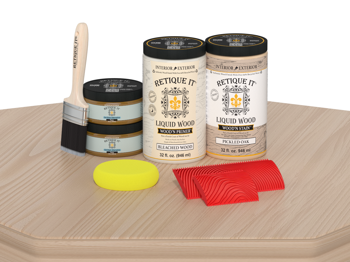 Retique It® Wood'n Finish Kit with four large white oak stain bottles for tabletop wood finishing projects.