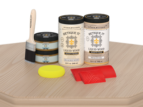 Retique It® Wood'n Finish Kit with four large white oak stain bottles for tabletop wood finishing projects.