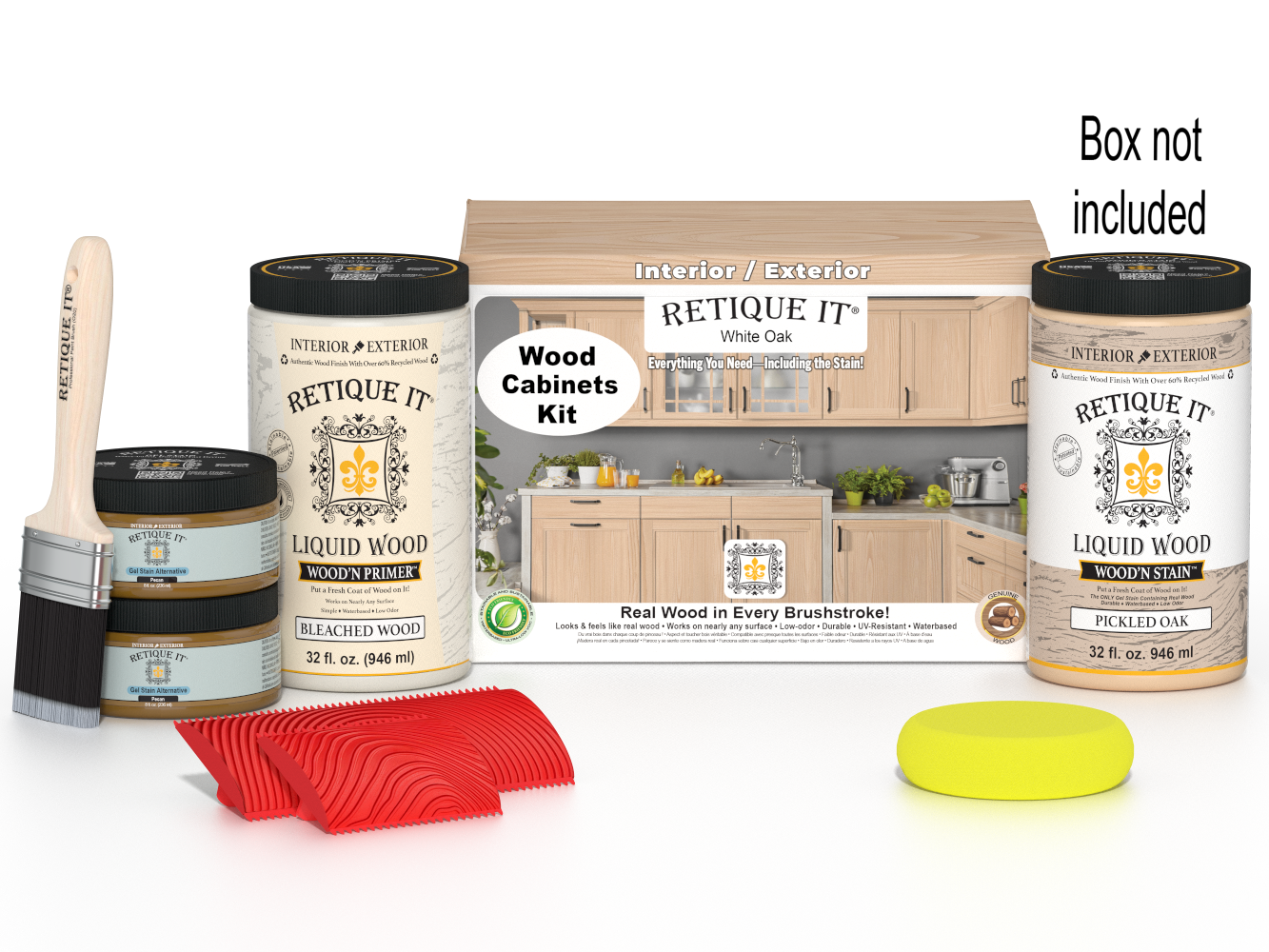 Retique It® Wood'n Cabinet Kit with 12 white oak grained doors and stains, shown in a box ready for installation.