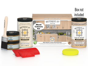 Retique It® Wood'n Cabinet Kit with 12 white oak grained doors and stains, shown in a box ready for installation.