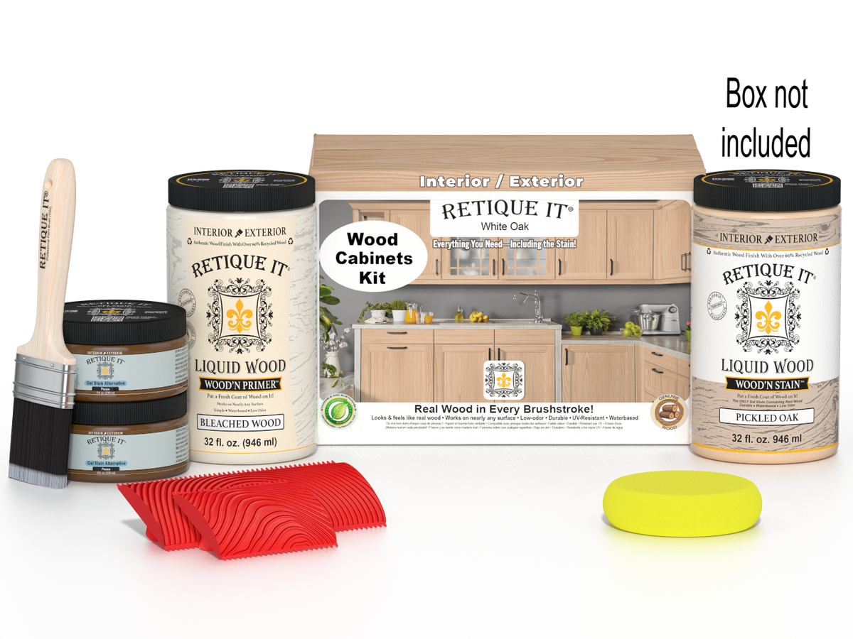 Retique It® Wood'n Cabinet Kit with 12 white oak grained stain doors and matching box cabinets for kitchen or bathroom renovation.